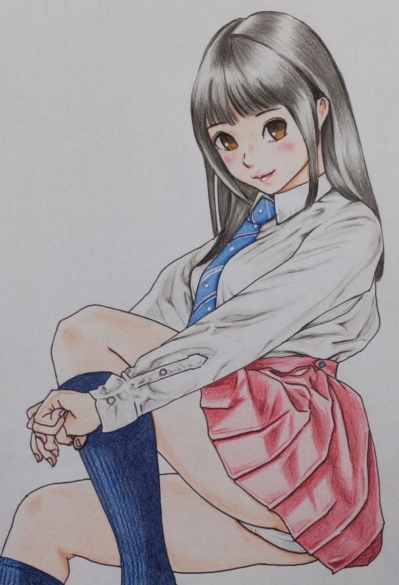 手描きイラスト A4サイズ 制服 色鉛筆画 ネクタイ ローファー パンツ