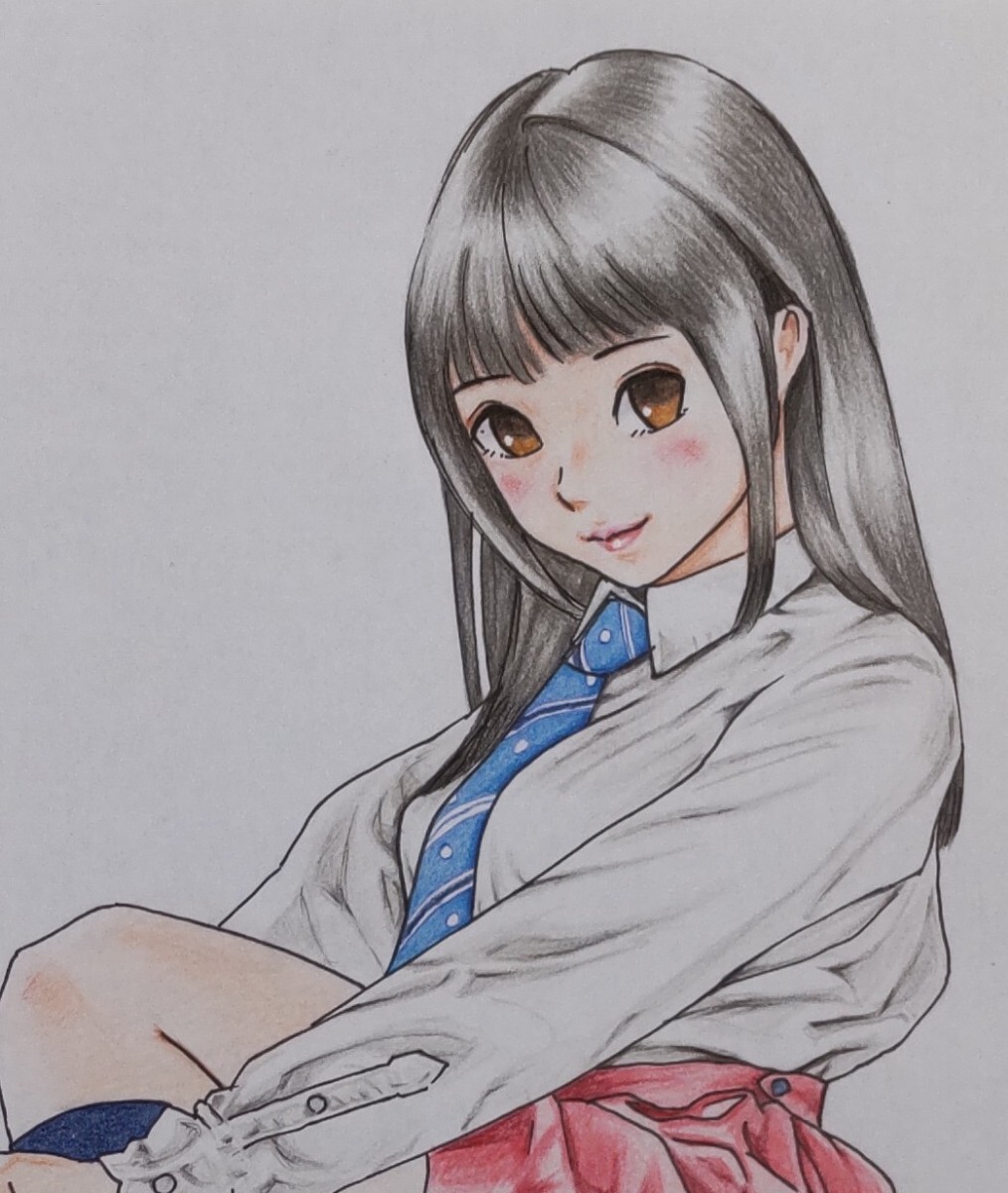 No.107 女性 鉛筆画 手書きイラストA3 手描きイラスト A4サイズ 制服 色鉛筆画 ネクタイ ローファー パンツ