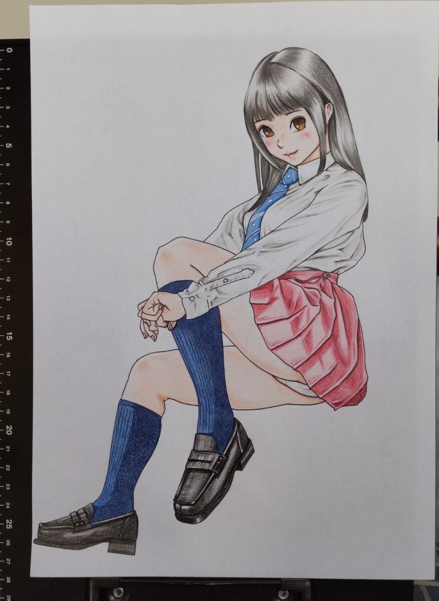 手描きイラスト A4サイズ 制服 色鉛筆画 ネクタイ ローファー パンツ