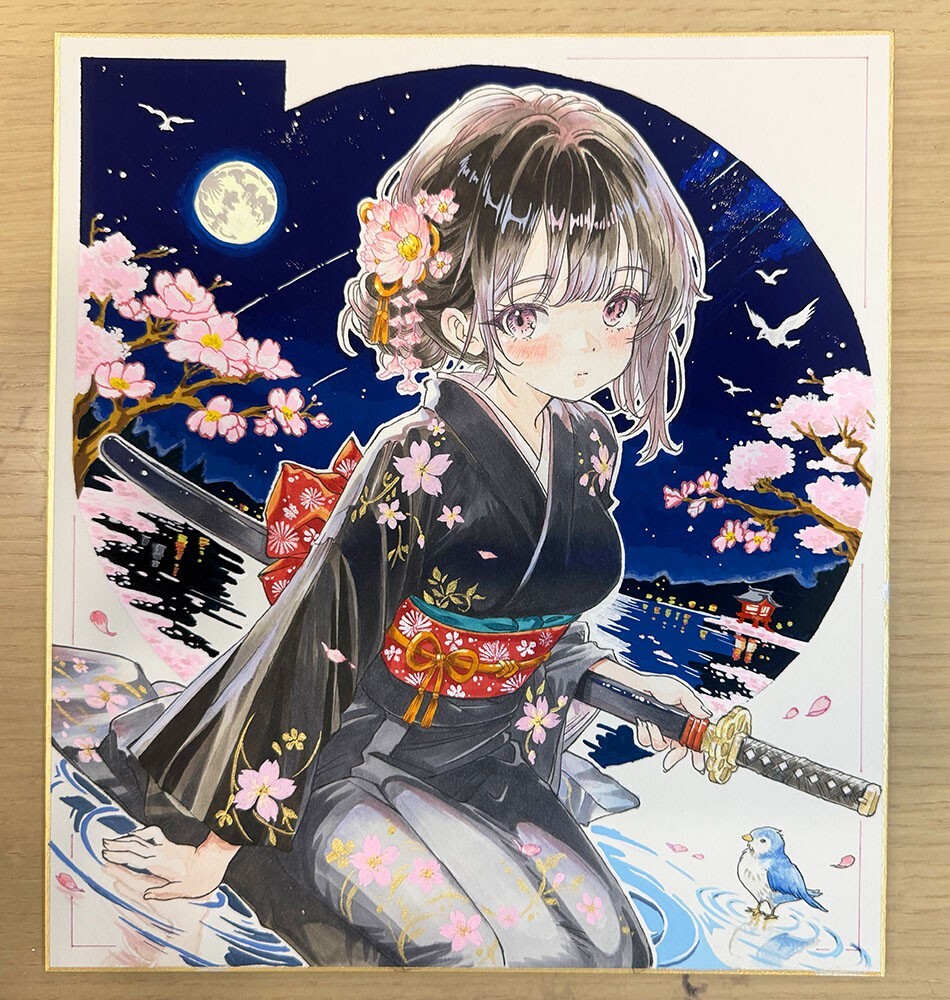 大色紙 手描きイラスト [明鏡止水] 原画 美少女 オリジナル 一点物