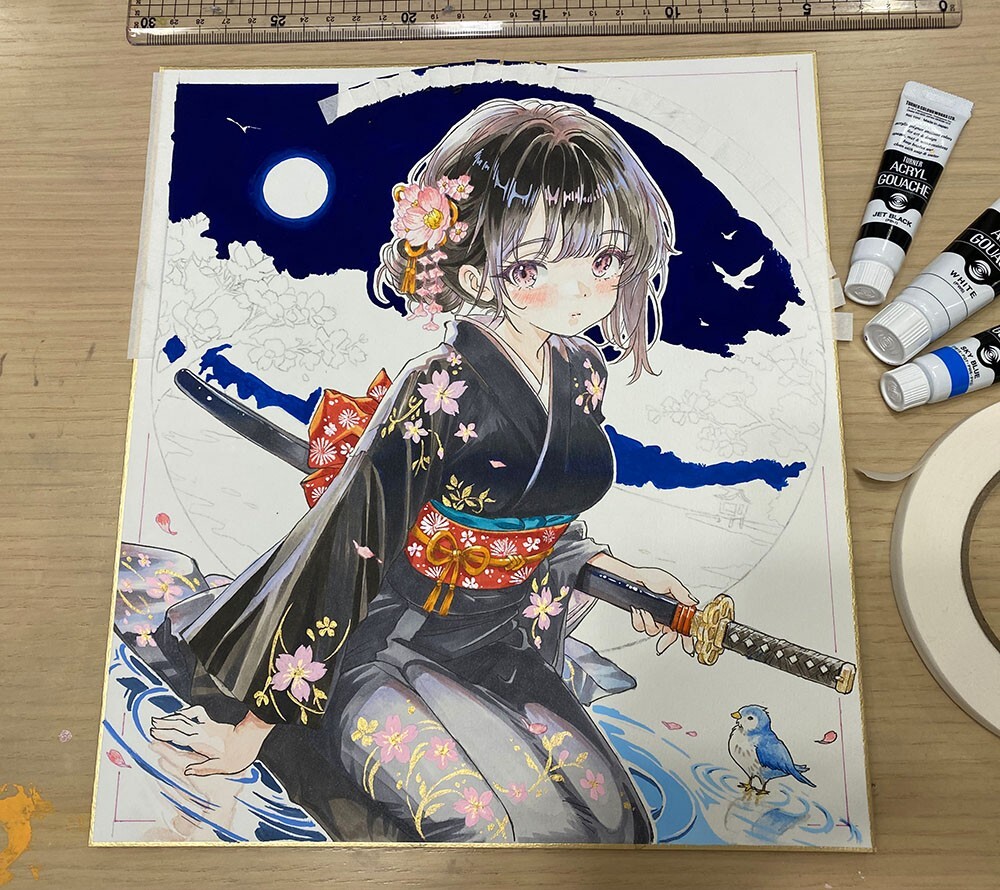 大色紙 手描きイラスト [明鏡止水] 原画 美少女 オリジナル 一点物