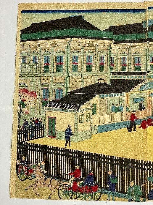 明治 初期 浮世絵 広重 文明開化 維新「東京汐留 鉄道館 蒸気往返之図