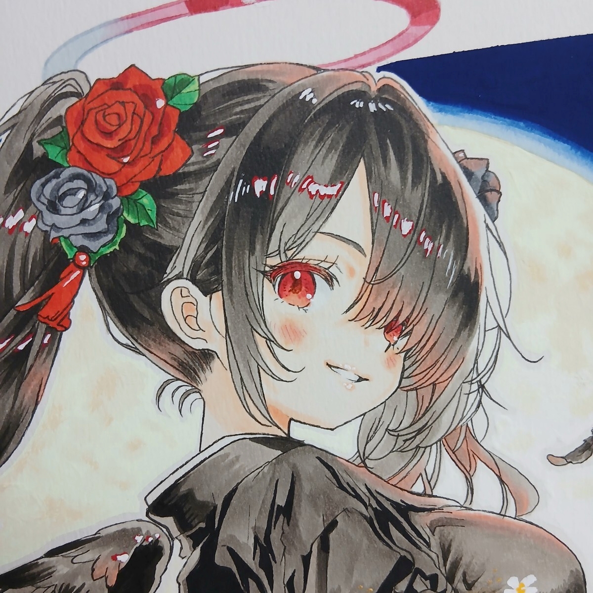 大色紙 手描きイラスト [月夜に輝く堕天の剣士] 原画 美少女