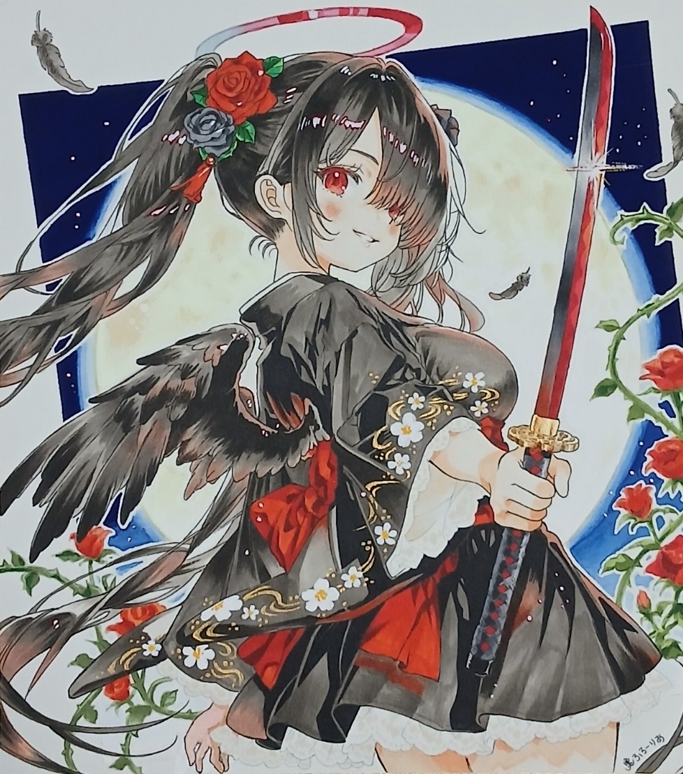 大色紙 手描きイラスト [月夜に輝く堕天の剣士] 原画 美少女