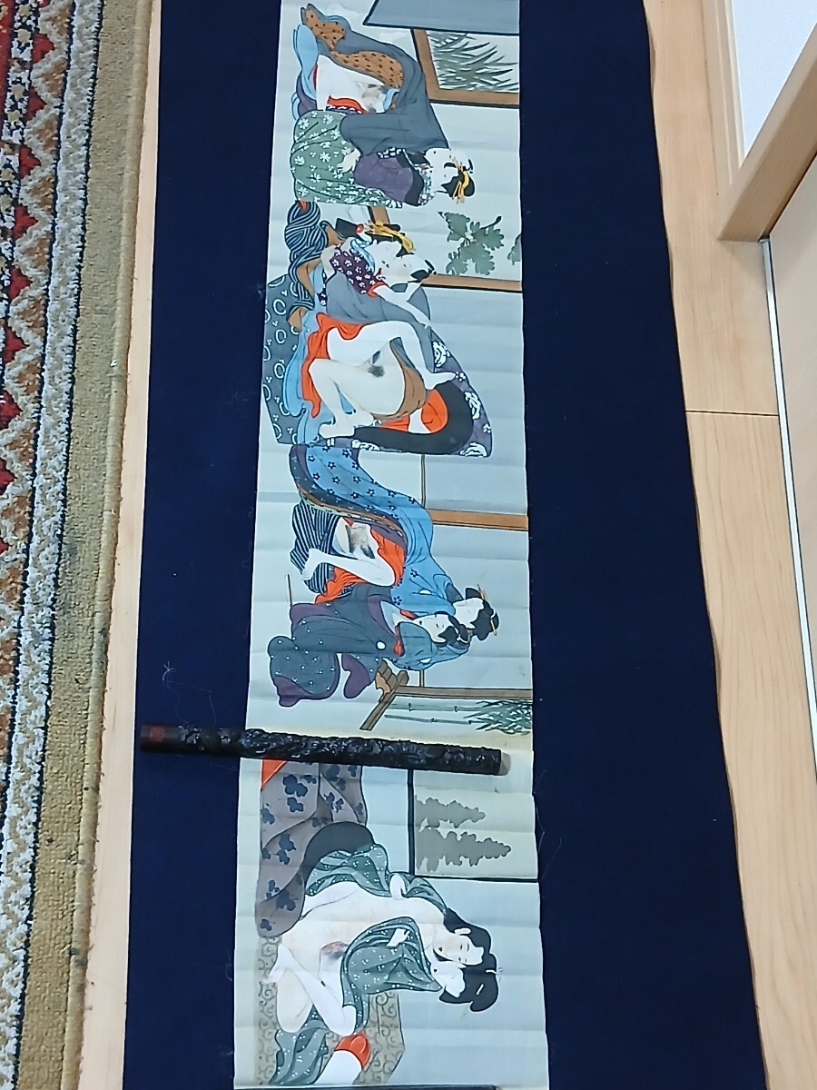 肉筆春画 秘画 絹本 まくり サイズ約165x21、2cm 未装 七図 美人