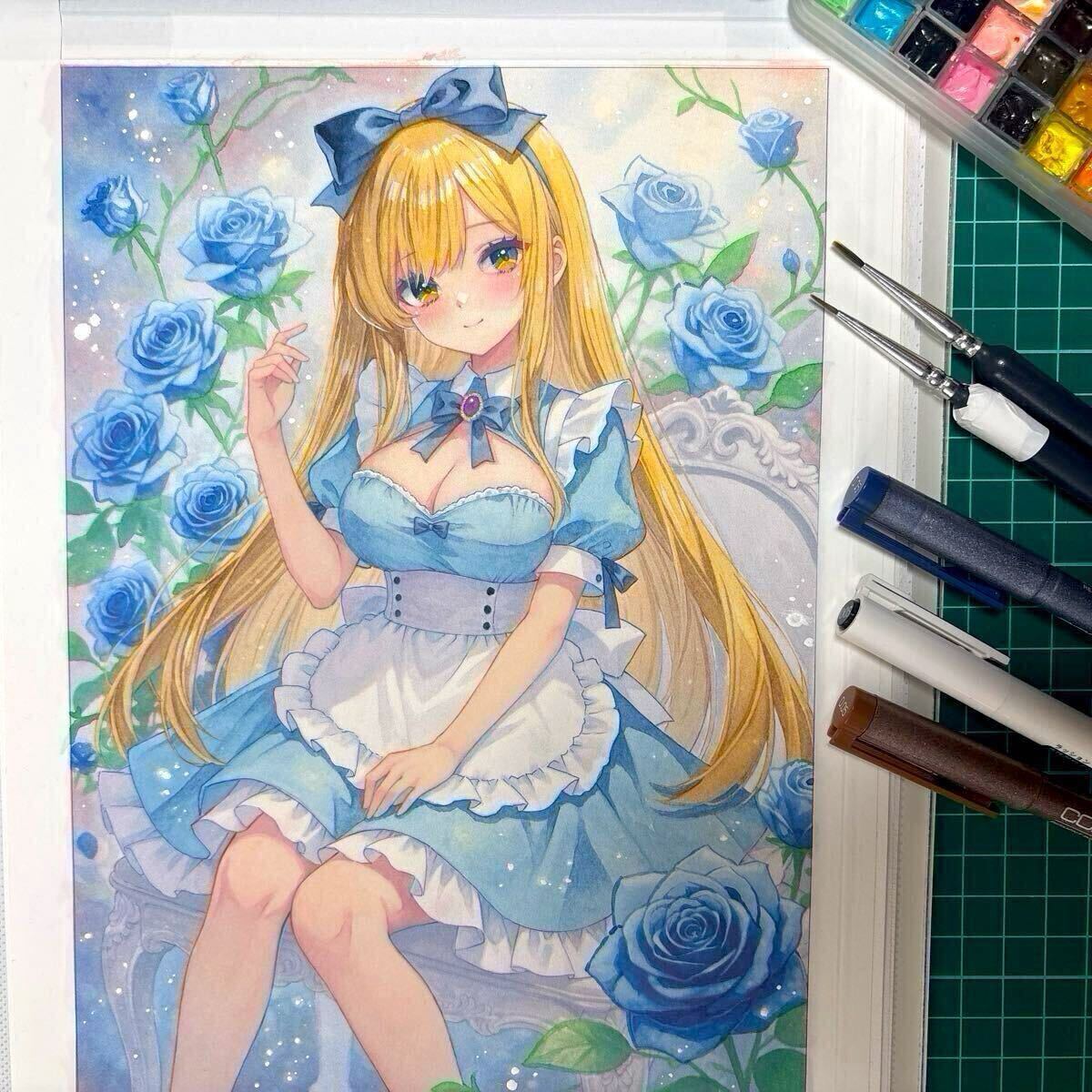 s*s様 手描きイラスト オリジナル アナログ 色紙 原画 ロング メイド 女の 同人手描きイラスト 不思議の国のアリス メイド オリジナル 女の子