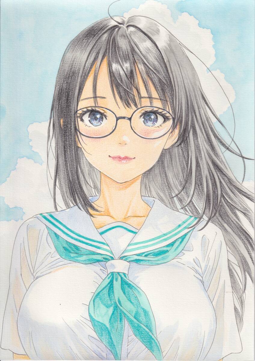 一点物】 オリジナル メガネ 黒髪 ロングヘアー 美女 美少女 手描き