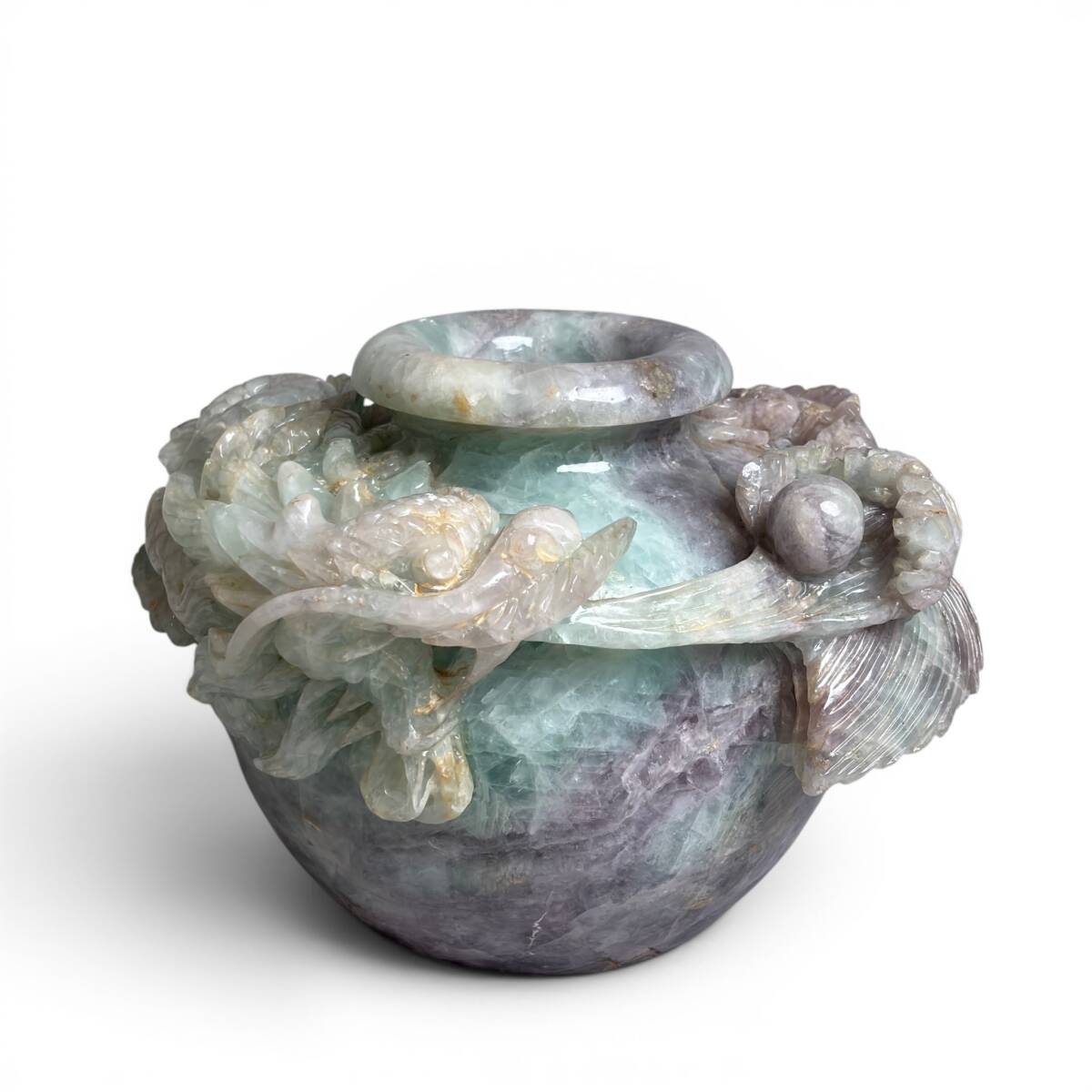 天然石 花鳥彫刻 花瓶 紫水晶 壺形 牡丹鳥図 立体彫 置物 中国美術 唐