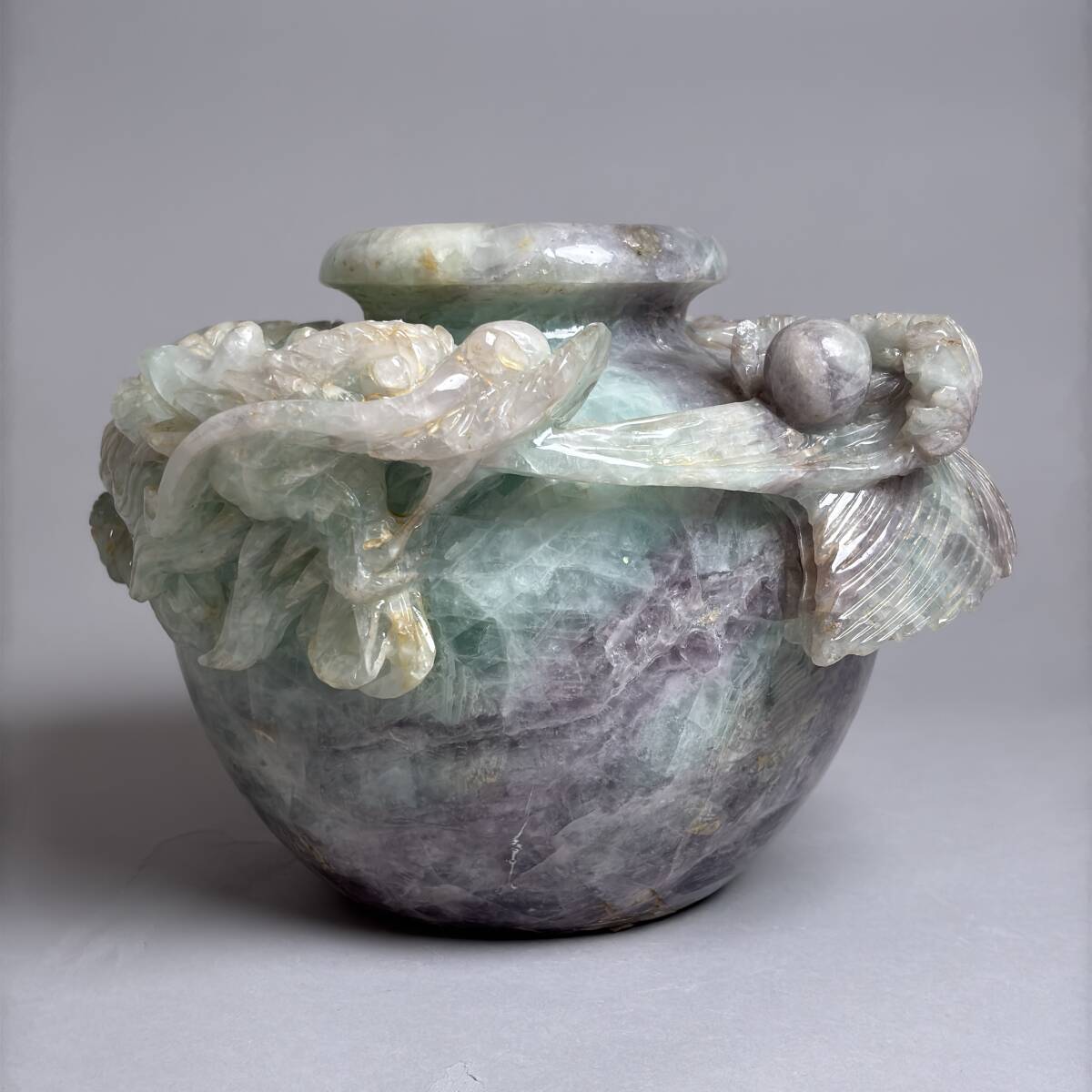 天然石 花鳥彫刻 花瓶 紫水晶 壺形 牡丹鳥図 立体彫 置物 中国美術 唐