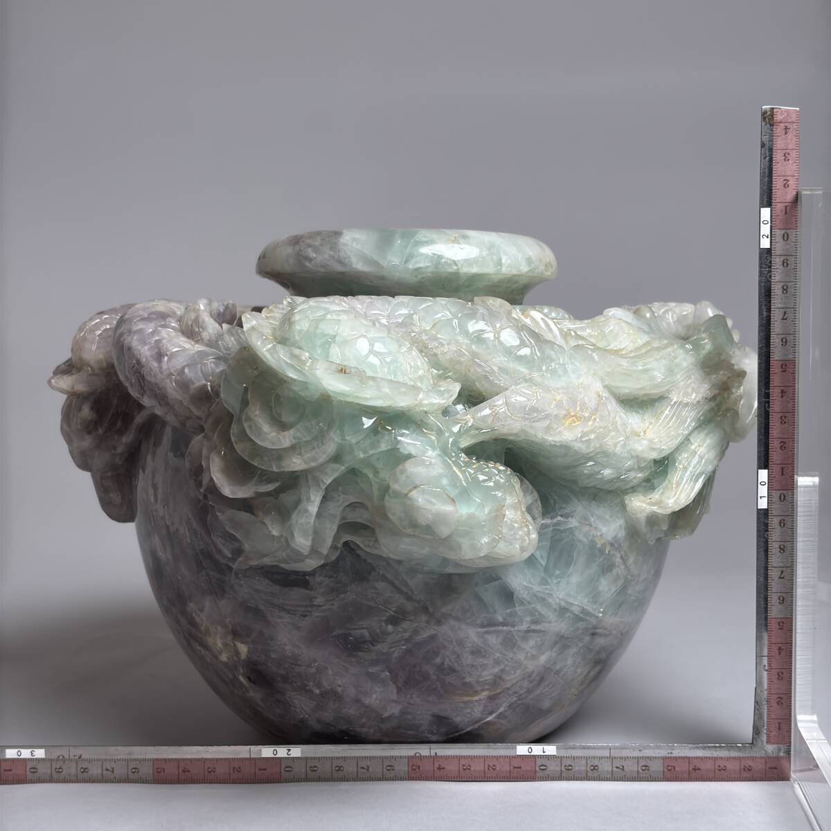 天然石 花鳥彫刻 花瓶 紫水晶 壺形 牡丹鳥図 立体彫 置物 中国美術 唐
