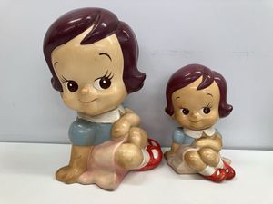 昭和レトロ★かんぎんのばらチャンセミカウンター用＆椅子ソフビ貯金箱セット★非売品 昭和レトロ 第一勧銀 大小のばらちゃんソフビ2個セット のばら