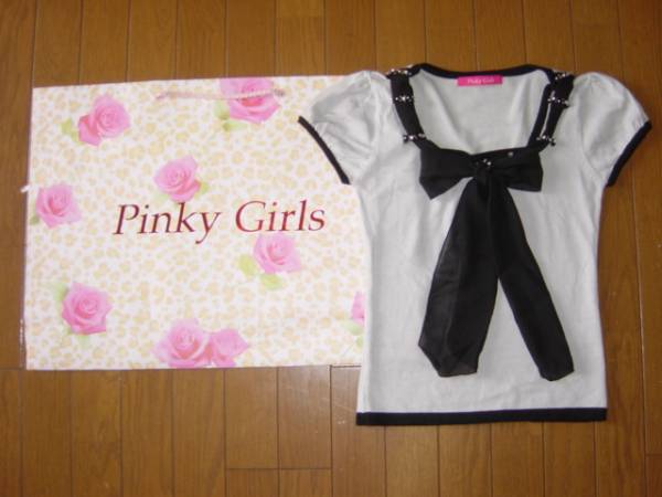 新品ピンキーガールズ★シフォン リボン ビジューバイカラー半袖 ニット グレー★Pinky Girls