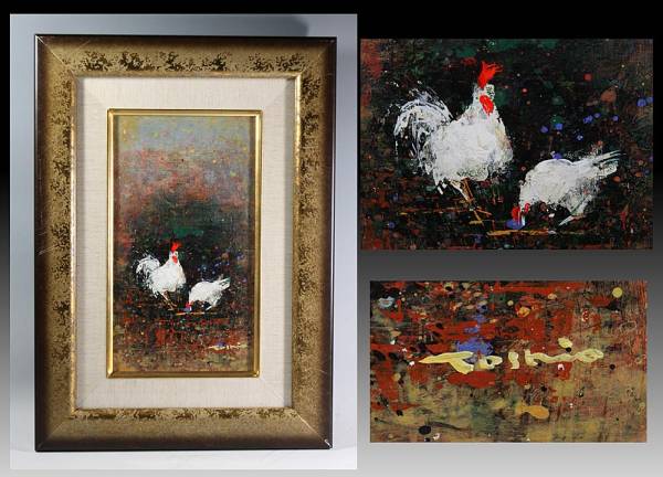 ☆真作保証！藤永俊雄《双鶏》/ 油彩 香月泰男(花鳥、鳥獣)｜売買され
