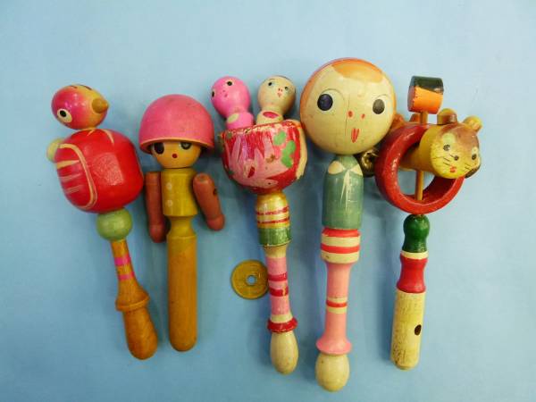 古い★鉄兜坊や*赤子ちぐら?ガラガラ木製玩具5点★検索*郷土玩具