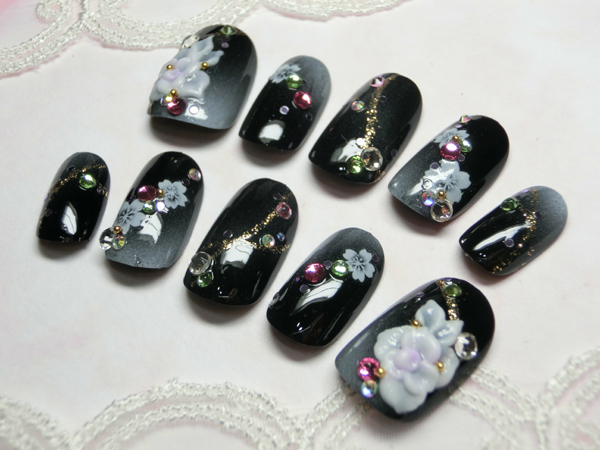 ラウンドショートネイルチップ 黒 桜 3d花 振袖 成人式c16 黒ベース 売買されたオークション情報 Yahooの商品情報をアーカイブ公開 オークファン Aucfan Com