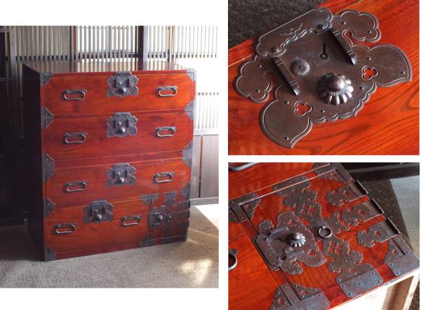 【花雅】庄内地方 美品！前欅製　兜金具庄内酒田箪笥 鍵付/アンティーク 　明治期 美品！前欅製兜金具酒田箪笥 検：古民家船箪笥甲冑古布鍔鉄瓶(箪笥