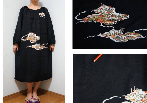 着物リメイク★ワンピース★オレンジ系柄★羽織