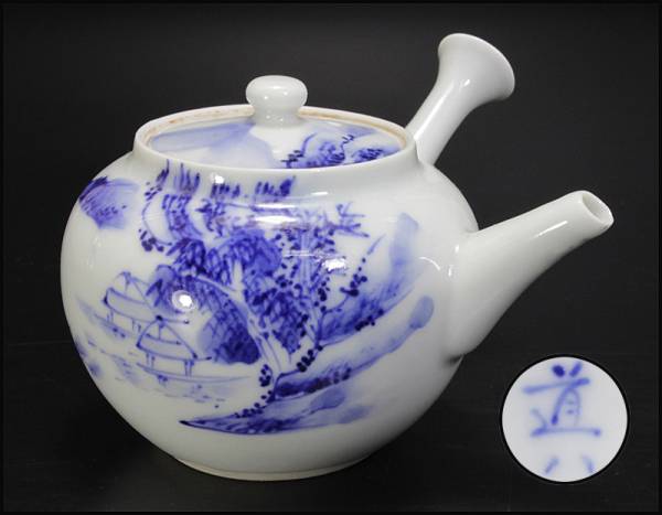 【希】煎茶道具 道八造 染付山水文 横手急須 茶壷 古玩 VGLQ