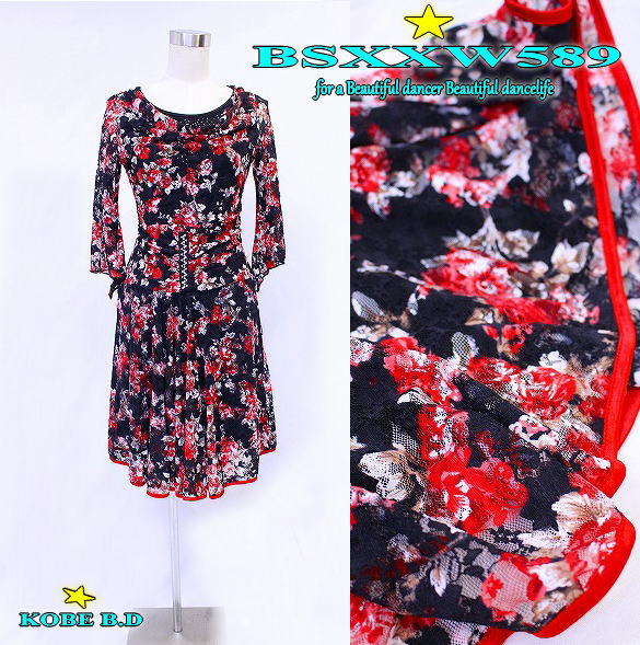 【新品】社交ダンスワンピース/ストレッチ/フラワープリント♪♪