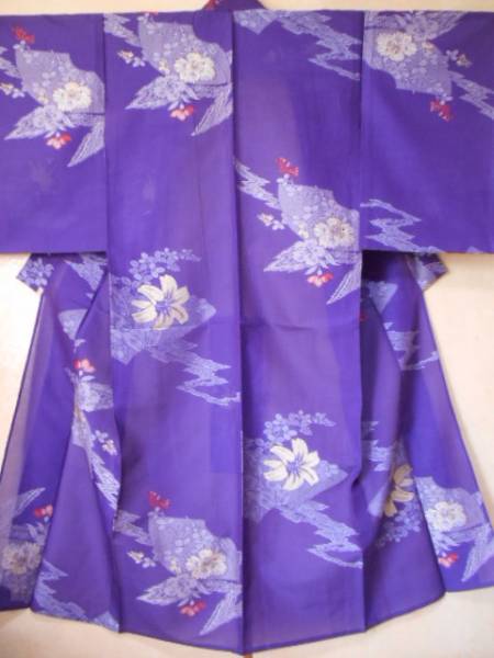 アンティーク　正絹　紗　夏着物　百合　撫子　萩　紫系