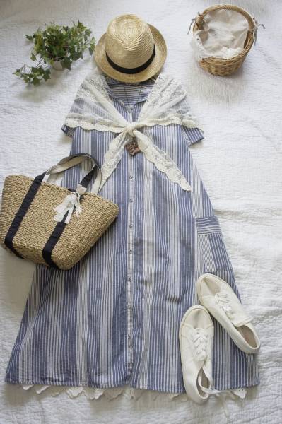 ｓｍ２★USED★変則ストライプ*セーラー衿*前開きワンピース