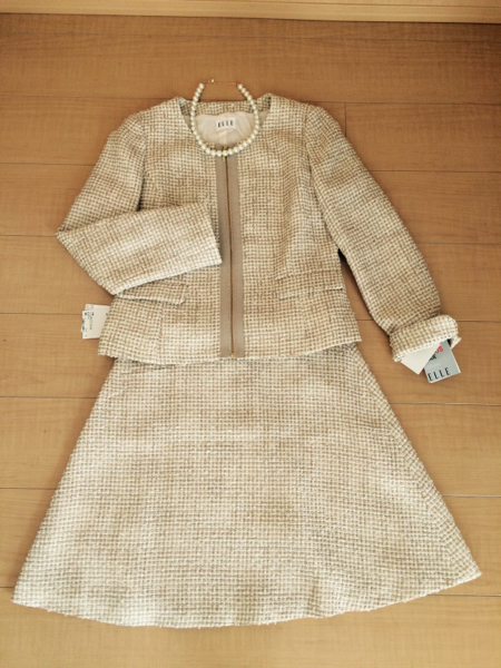 ELLE 新品エル卒業入学式フォーマルスーツ38Mツイードノーカラー