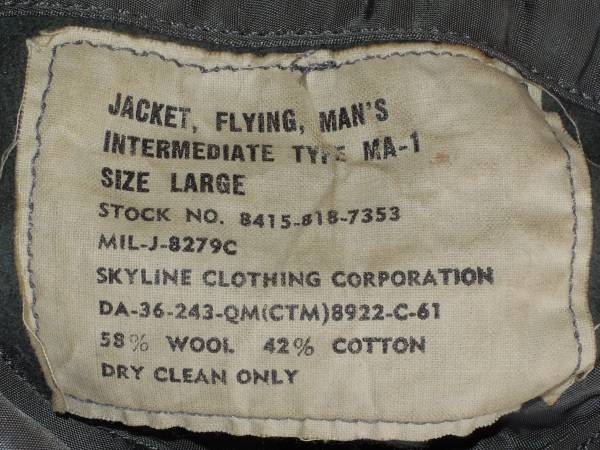 SKYLINE CLOTHING CORPORATION MA-1 MIL-J-8279C サイズ；L 【公式通販】
