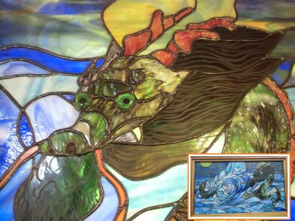 額装　ステンドガラス　月夜の龍