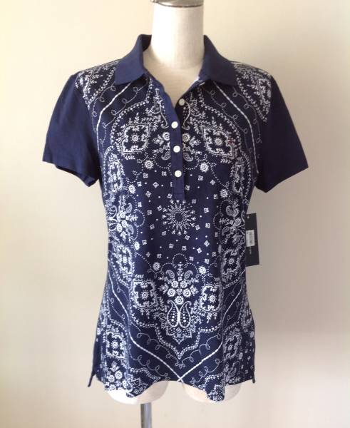 TommyHilfiger今季新品L♪紺X白の花柄&ペイズリーポロシャツ