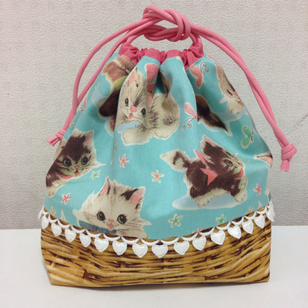 お弁当袋★きんちゃくゆかたバッグハンドメイドハートねこ猫カゴ_1