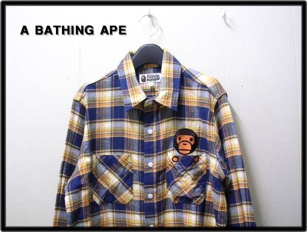L 【BAPE エイプ APE ポケット マイロ チェックネルシャツ】