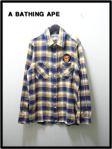 L 【BAPE エイプ APE ポケット マイロ チェックネルシャツ】