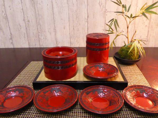ま】仙台堆朱 山水風景図 茶道具セット 建水 茶筒 茶托 s753k 工芸品