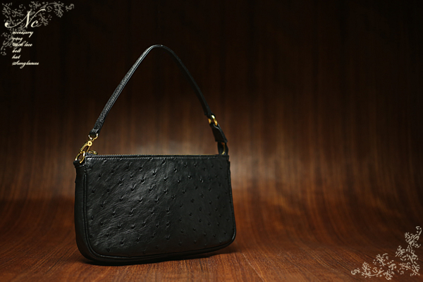 USED*オーストリッチミニバッグ/バッグインバッグ/黒/フォーマル