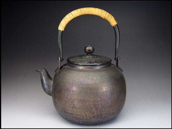 【治】銅製銀張鎚目紋棗形湯沸し☆茶道具　HI872