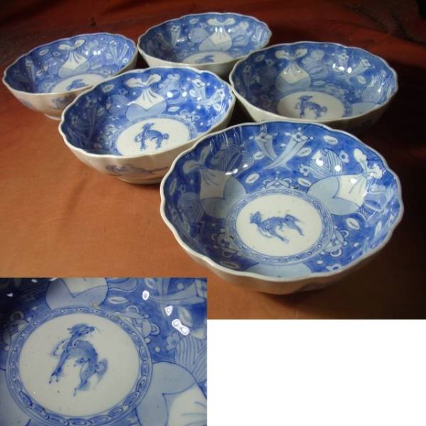 ◆倫敦堂◆手描き　麒麟と宝物文　なます皿　５枚