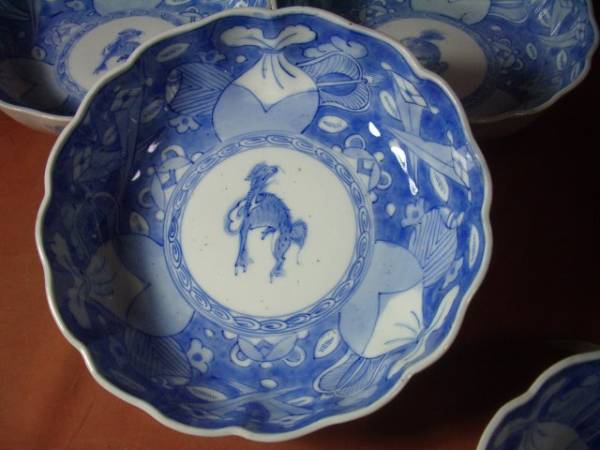 ◆倫敦堂◆手描き　麒麟と宝物文　なます皿　５枚