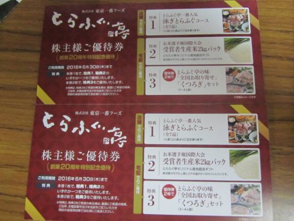 最新！東京一番フーズ株主優待券２枚セット とらふぐ亭 食事券