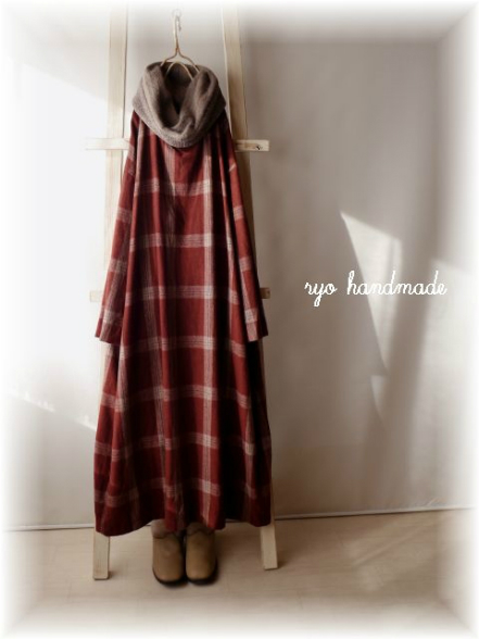 *ウールチェック/マルーン&ニット ロング丈OP*ハンドメイド
