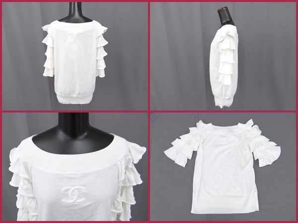 1円 本物 シャネル フリル袖 プルオーバーニット 白 09P 42