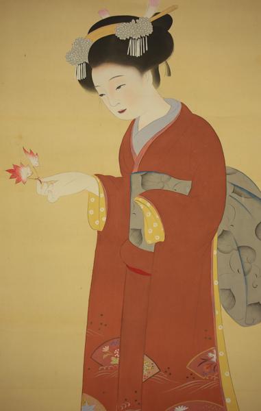 掛軸・書画 【美人画】 近代日本画家 喜多川玲明 絹本肉筆 y518 日本画