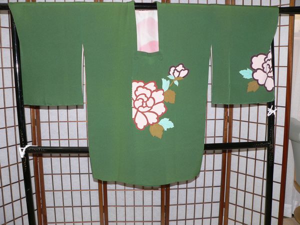 ■道行コート■正絹・未使用■グリーン色地　大輪花■8801-12■