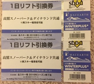 ◎高鷲スノーパーク&ダイナランド 共通リフト１日券　２枚あり