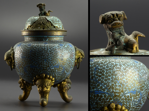 【流】古美術品 時代銅製七宝細工三足香炉　IC117