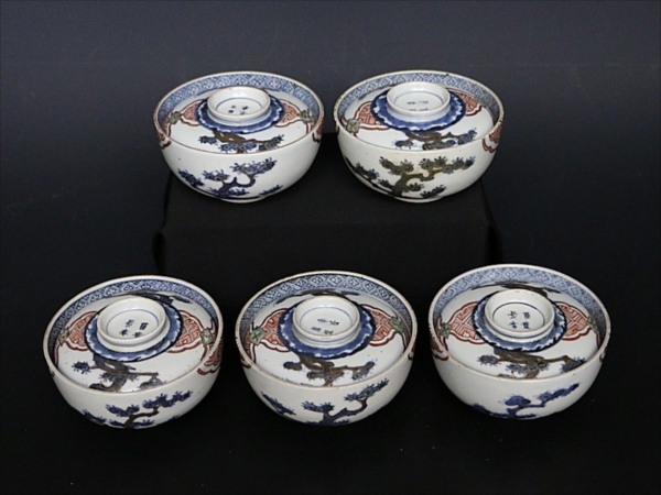 杜】 古伊万里 染錦松図 蓋茶碗 5客 PP2191 【公式通販】