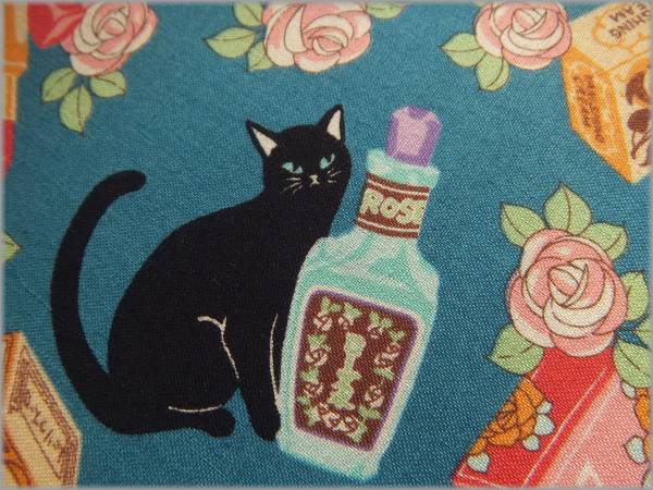 mets★5m*レトロ黒猫座ネコ*コットンシーチング*green*生地2C