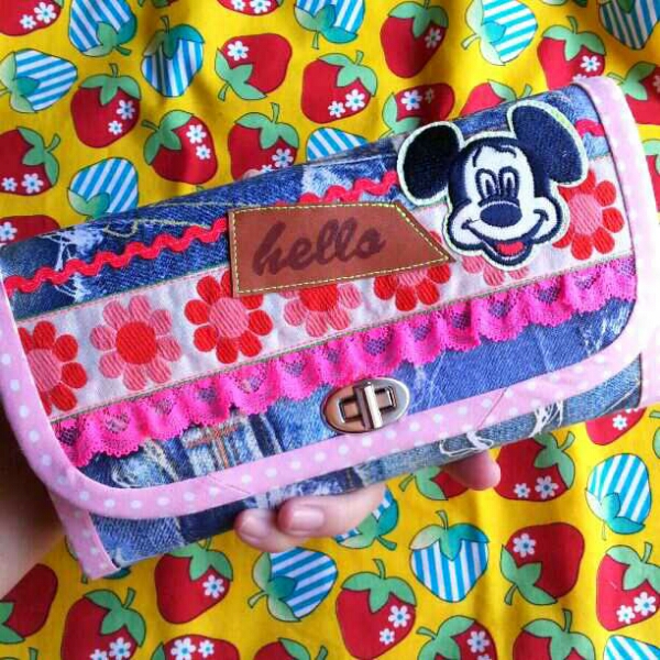 ハンドメイド 長財布★ミッキー リメイク★通帳★デニム柄★革