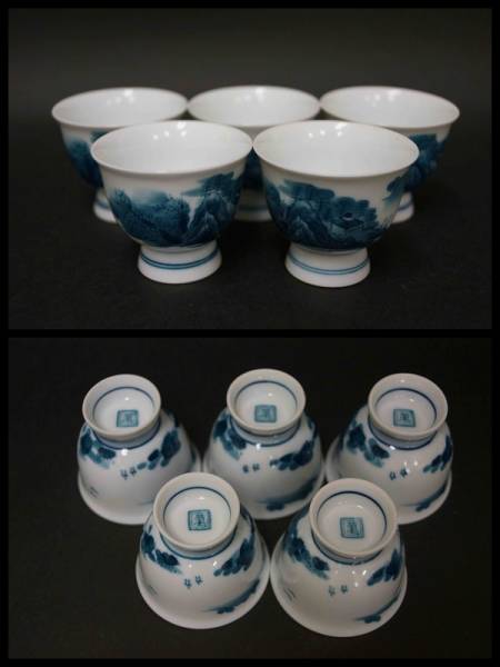 煎茶道具 平安玉泉 染付宝瓶急須セット 山水風景図 手描き 桐箱 未使用美品 閑寂堂】旧家蔵時代染付『山水図』宝瓶セット 萬在銘煎茶道具 中国