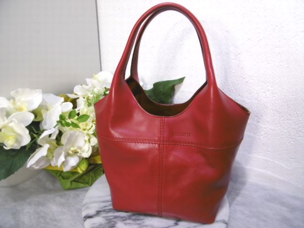 中古ヒロフHIROFU肩掛け可能レザートートバッグ鞄赤レッド