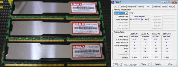 UMAX PC3-10600 DDR3-1333 4GB x 3枚 12GB 即決!